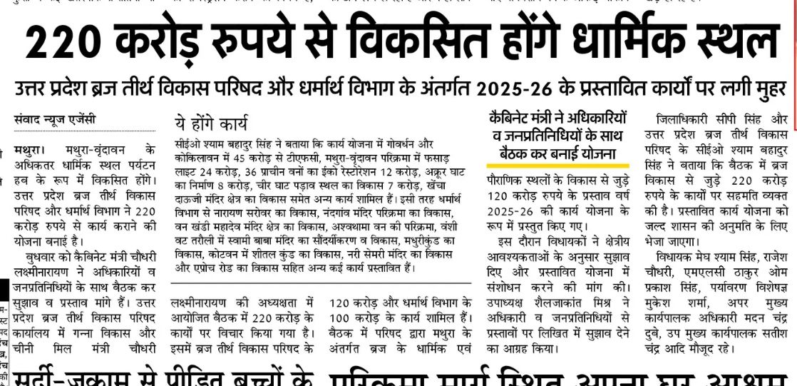 ₹220 Crore Blueprint Approved to Transform Religious Sites in Braj